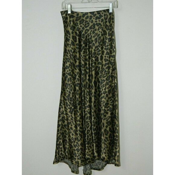 Zara Skirt Animal Print Green Brown Khaki Satin A-line Midi Skirt Size X-Small - Picture 6 of 8